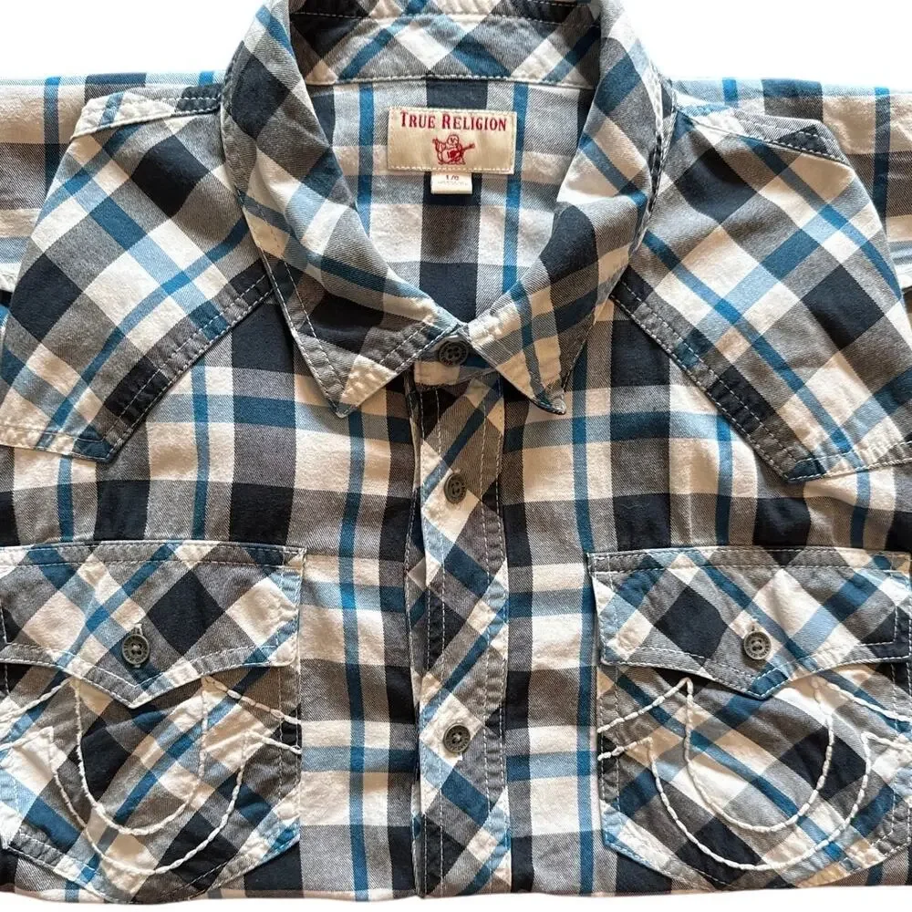 True Religion Long Sleeve Western Button Up Shirt Blue Checked Mens Large